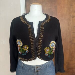 Persaman New York Cropped Cardigan Black Beaded Floral Y2K